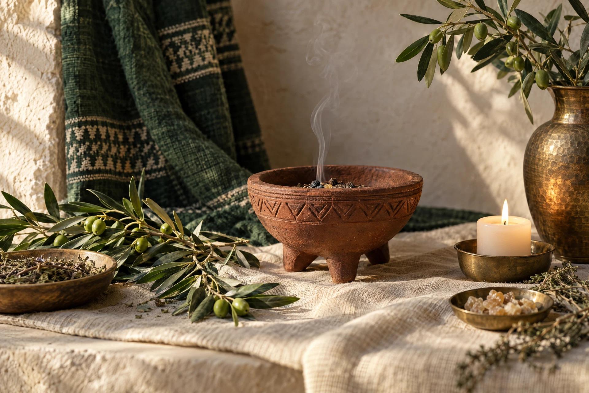 Herbes naturelles et encens dans un bol en terre cuite, illustration de sérénité spirituelle