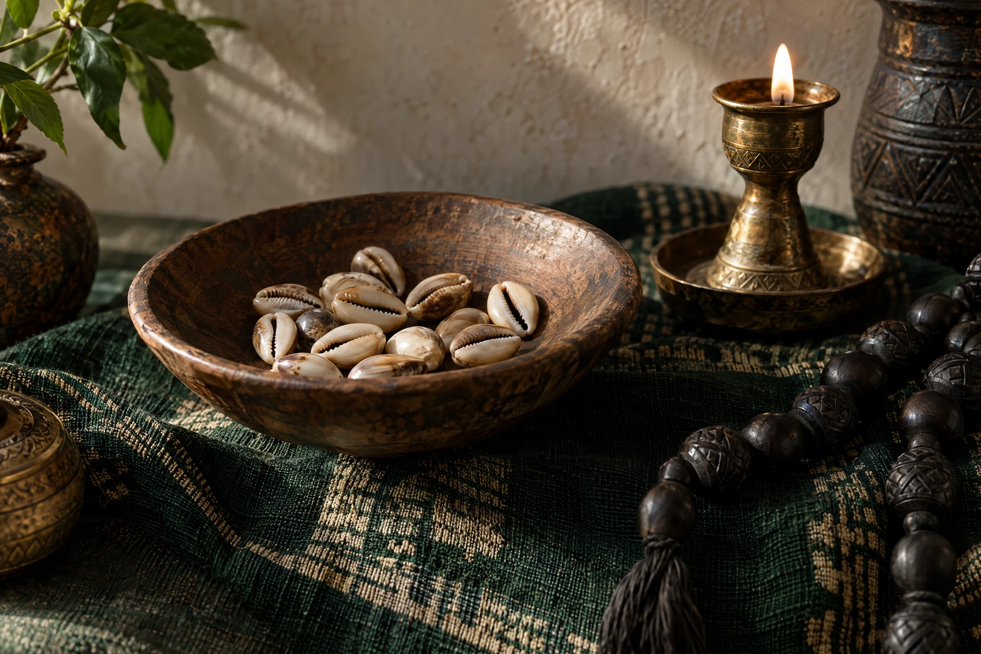 Cauris et perles en bois sur un textile vert traditionnel, ambiance de consultation médiumnique